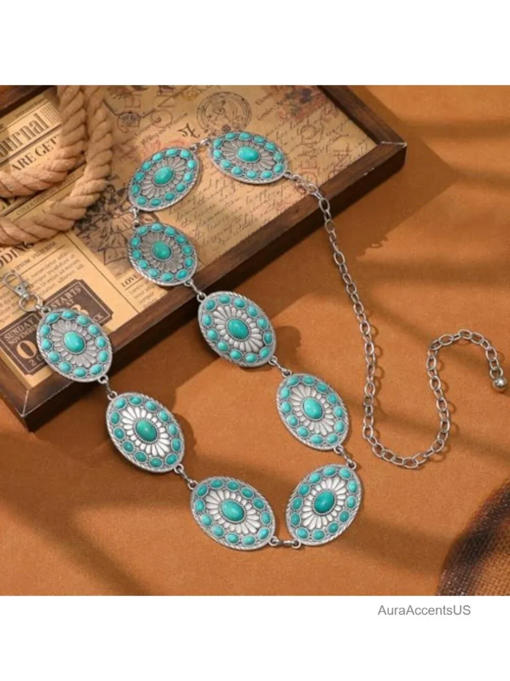 Western Metal Concho Turquoise Chain Belt for Women Country Concerts